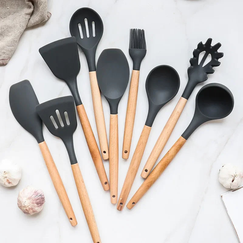 Modern Silicone Kitchen Utensil Set (12PCS) – Wooden Handle, Heat Resistant Cooking Tools