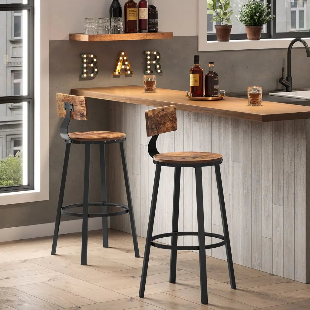 CANXANSA Industrial Bar Stool Set of 2 – Rustic Wood & Black Metal Chairs, 73cm Height for Kitchen Island & Home Bar (VASAGLE Style)