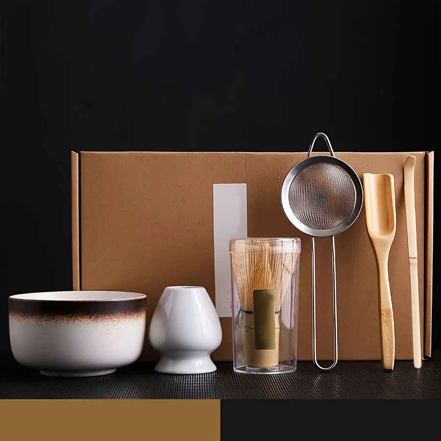 Japanese Matcha Tea Set (6PCS) – Ceramic Bowl, Bamboo Whisk & Spoon, Stainless Strainer, Traditional Tea Ceremony Kit