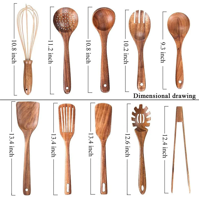 10 PCS Natural Teak Wooden Utensil Set – Premium Cooking Spoons & Spatulas for Healthy Kitchens