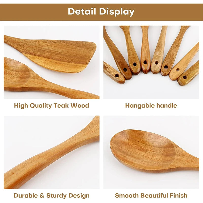 10 PCS Natural Teak Wooden Utensil Set – Premium Cooking Spoons & Spatulas for Healthy Kitchens