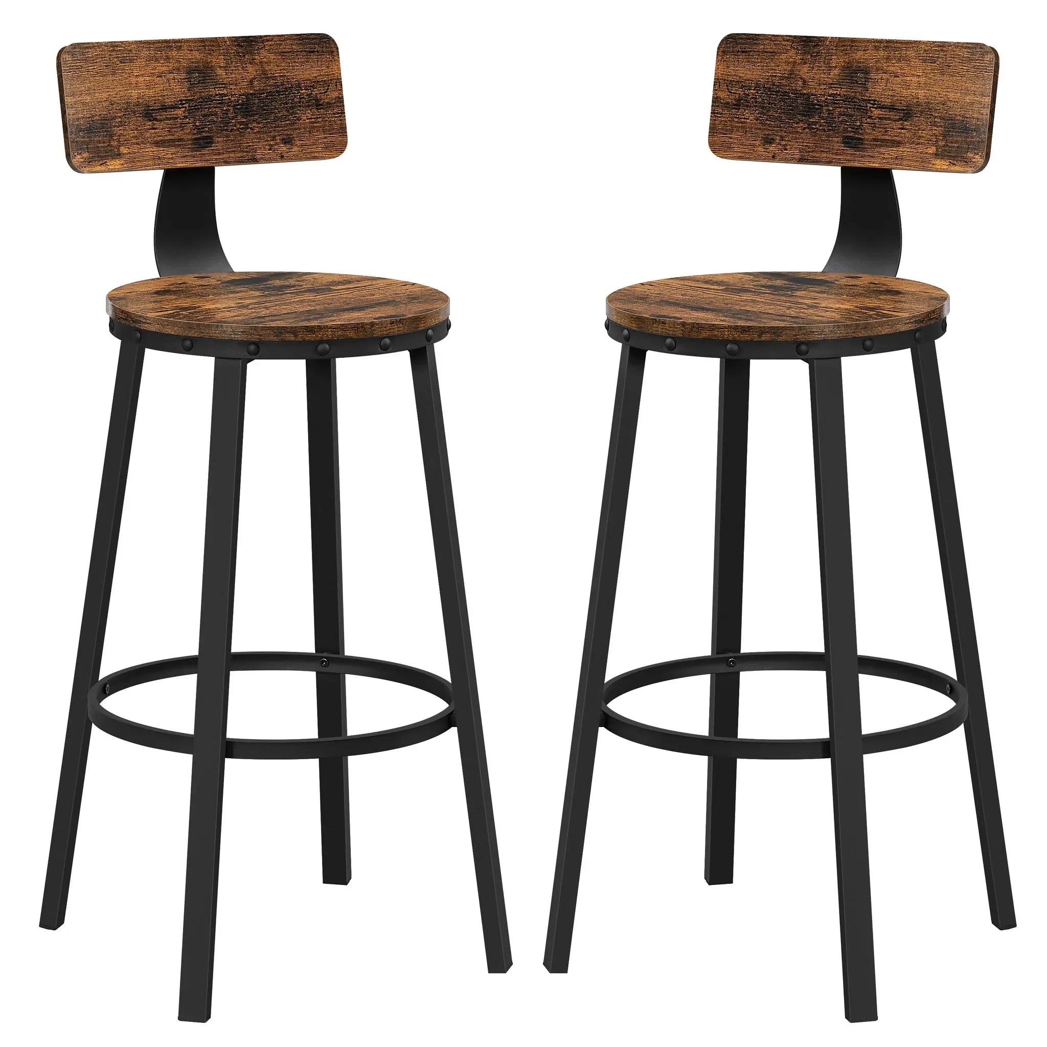 CANXANSA Industrial Bar Stool Set of 2 – Rustic Wood & Black Metal Chairs, 73cm Height for Kitchen Island & Home Bar (VASAGLE Style)