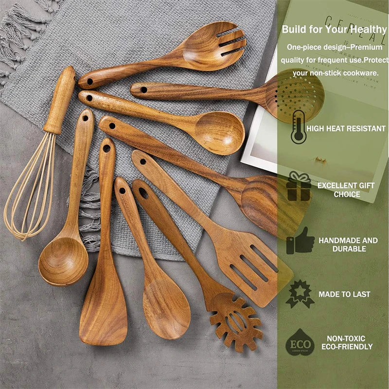 10 PCS Natural Teak Wooden Utensil Set – Premium Cooking Spoons & Spatulas for Healthy Kitchens