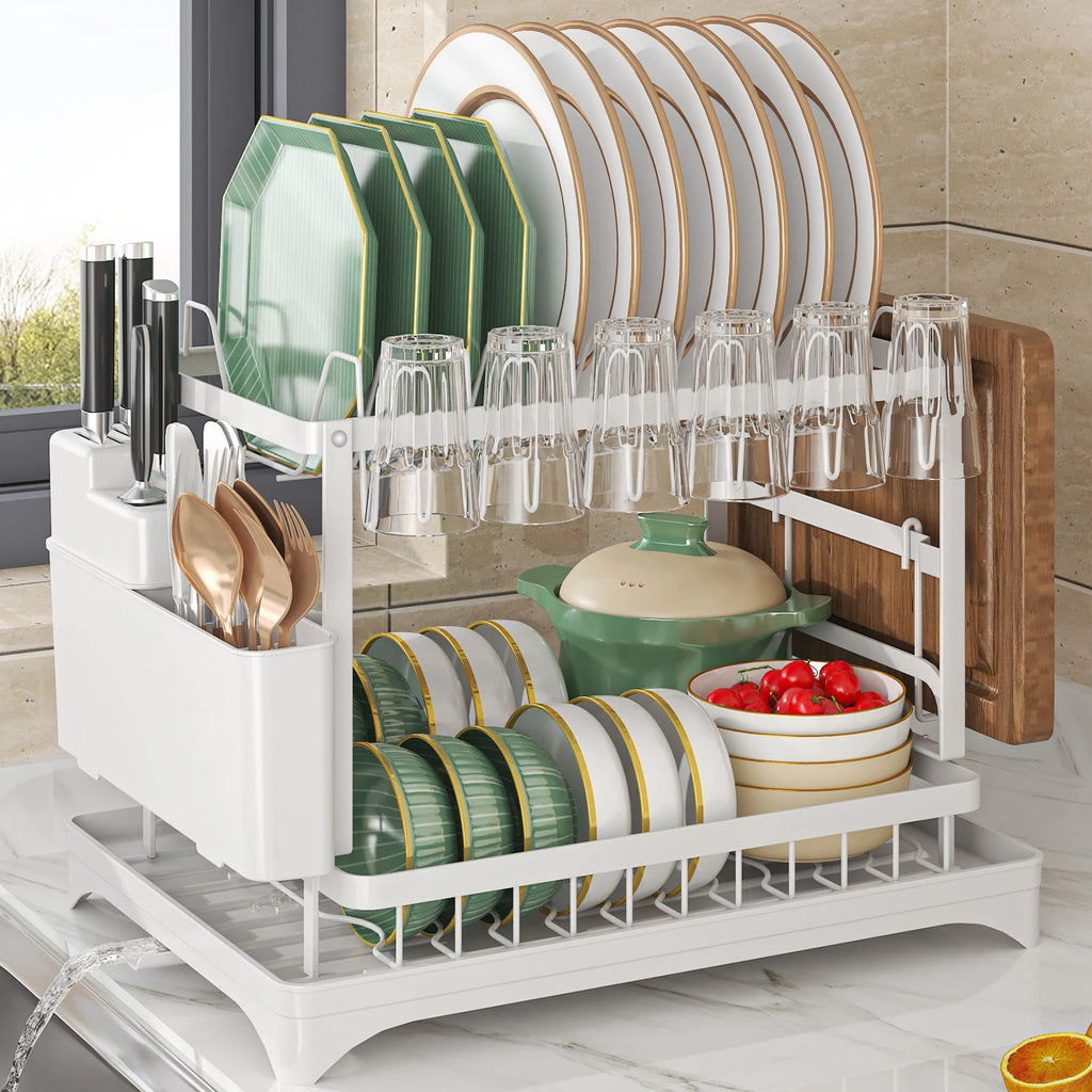 Dish Drying Rack with Cutlery Holder and Draining Tray - Kitchen Countertop Organizer