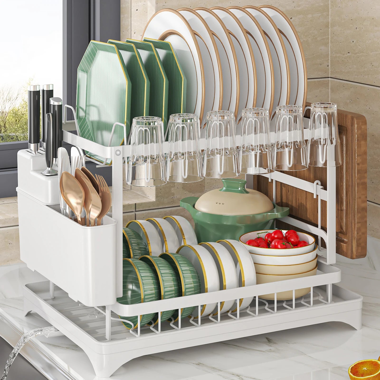 Dish Drying Rack with Cutlery Holder and Draining Tray - Kitchen Countertop Organizer