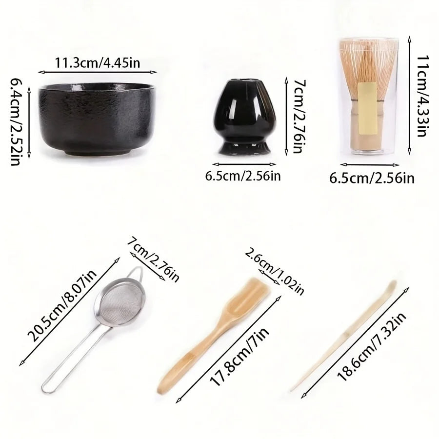 Japanese Matcha Tea Set (6PCS) – Ceramic Bowl, Bamboo Whisk & Spoon, Stainless Strainer, Traditional Tea Ceremony Kit