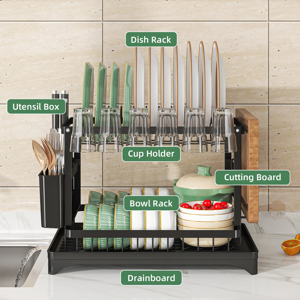 Dish Drying Rack with Cutlery Holder and Draining Tray - Kitchen Countertop Organizer