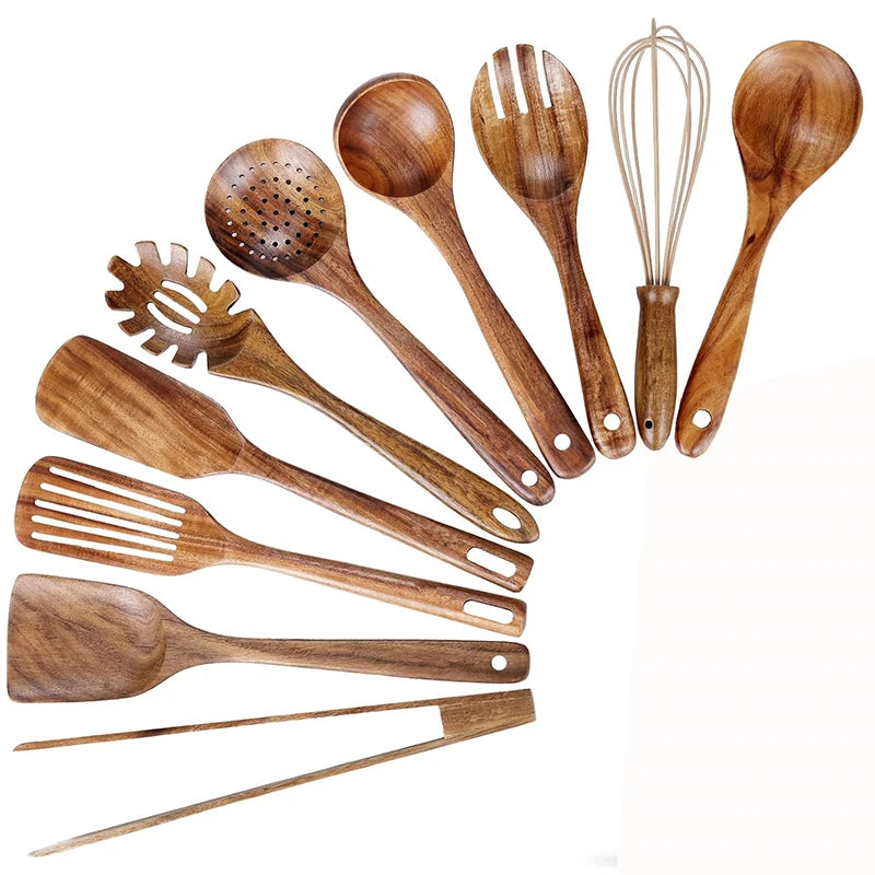 10 PCS Natural Teak Wooden Utensil Set – Premium Cooking Spoons & Spatulas for Healthy Kitchens
