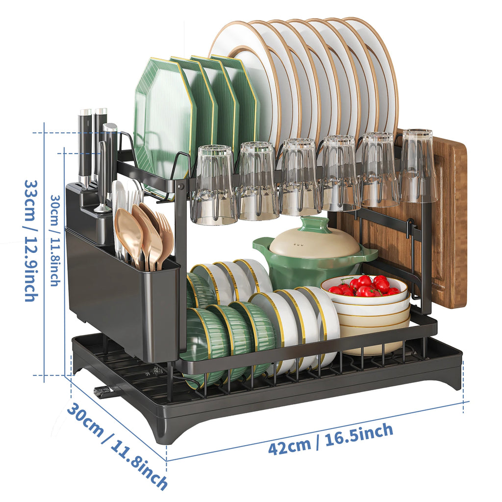 Dish Drying Rack with Cutlery Holder and Draining Tray - Kitchen Countertop Organizer