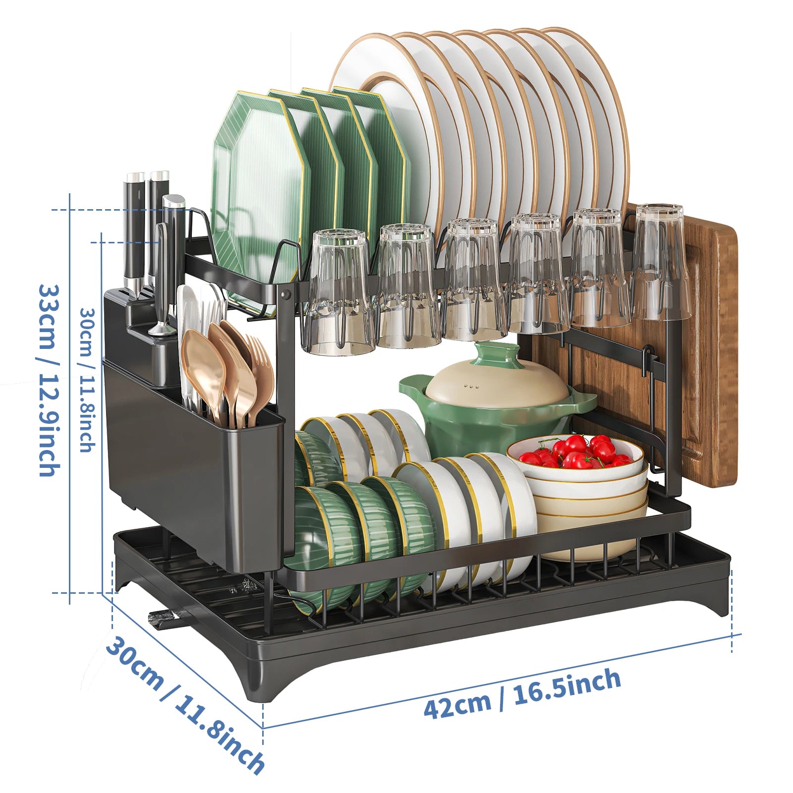 Dish Drying Rack with Cutlery Holder and Draining Tray - Kitchen Countertop Organizer