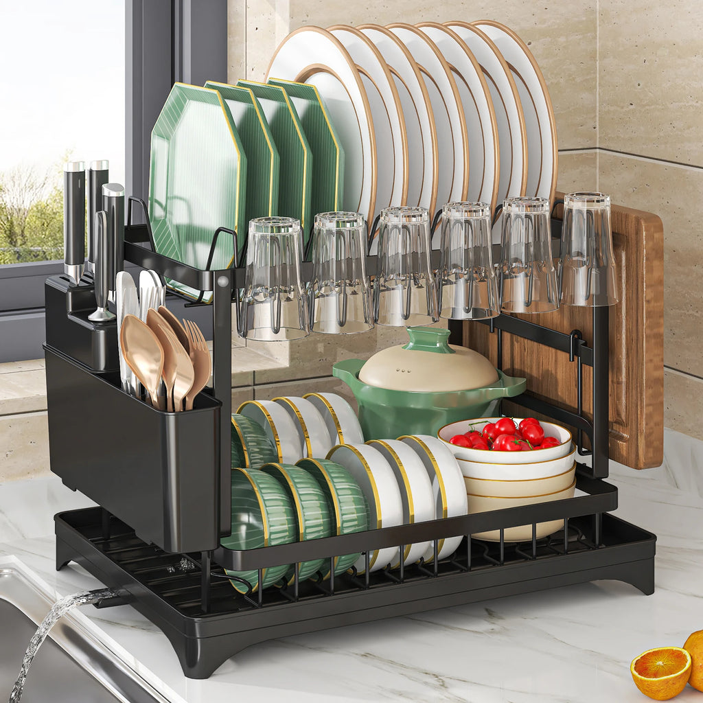 Dish Drying Rack with Cutlery Holder and Draining Tray - Kitchen Countertop Organizer