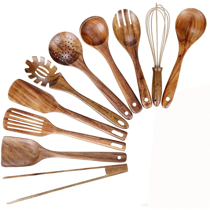 10 PCS Natural Teak Wooden Utensil Set – Premium Cooking Spoons & Spatulas for Healthy Kitchens