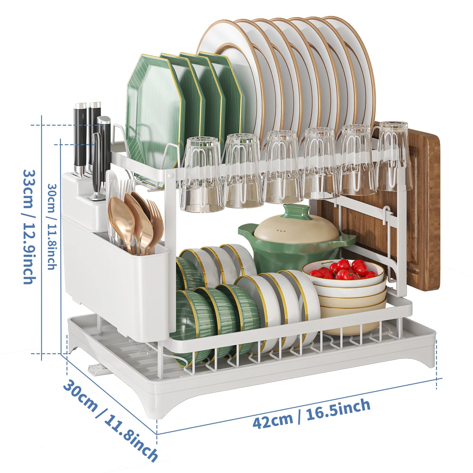 Dish Drying Rack with Cutlery Holder and Draining Tray - Kitchen Countertop Organizer