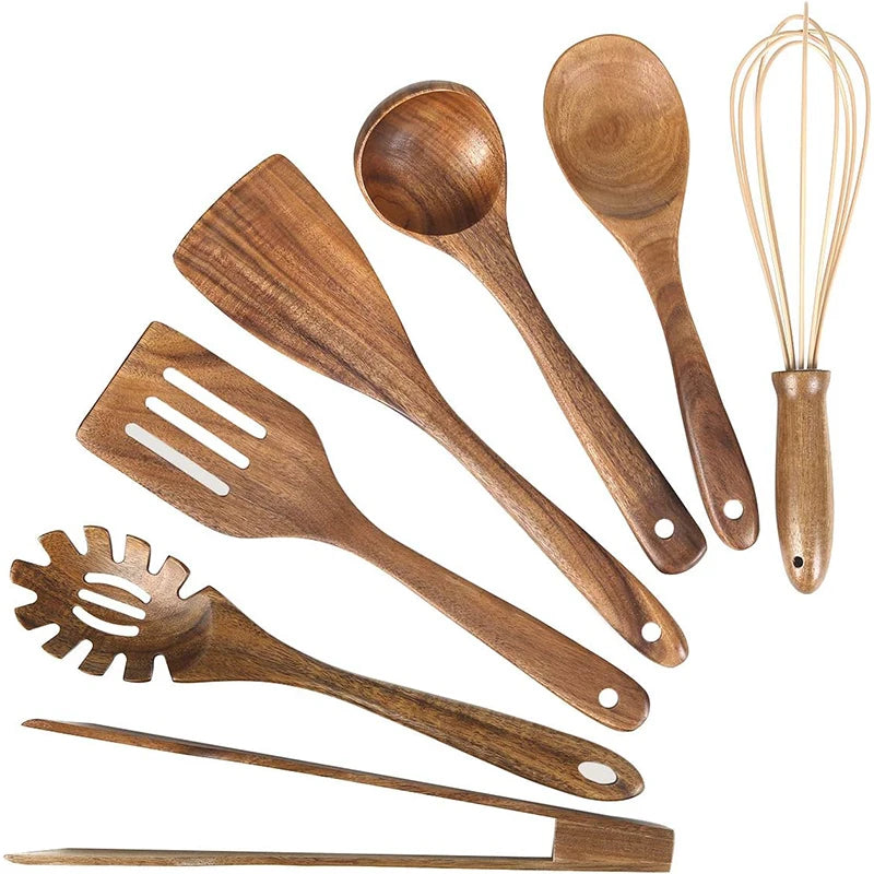 10 PCS Natural Teak Wooden Utensil Set – Premium Cooking Spoons & Spatulas for Healthy Kitchens