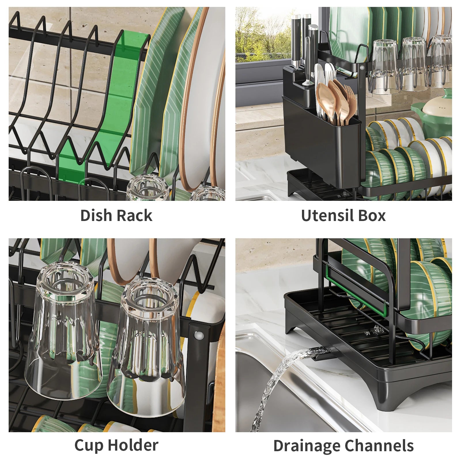 Dish Drying Rack with Cutlery Holder and Draining Tray - Kitchen Countertop Organizer