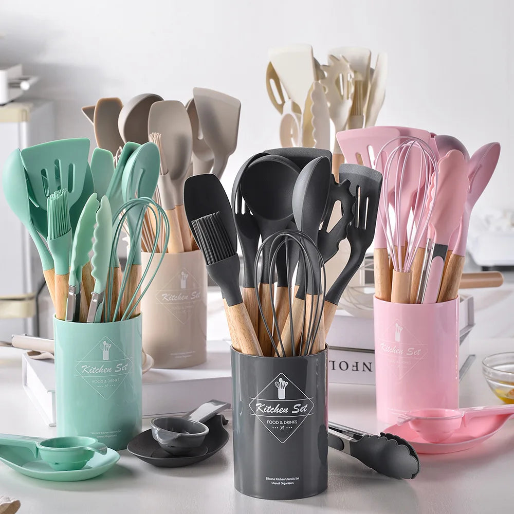 Modern Silicone Kitchen Utensil Set (12PCS) – Wooden Handle, Heat Resistant Cooking Tools