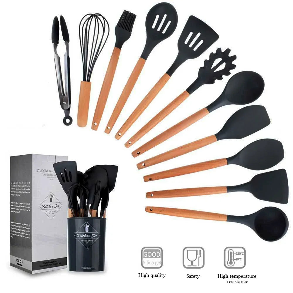 Modern Silicone Kitchen Utensil Set (12PCS) – Wooden Handle, Heat Resistant Cooking Tools