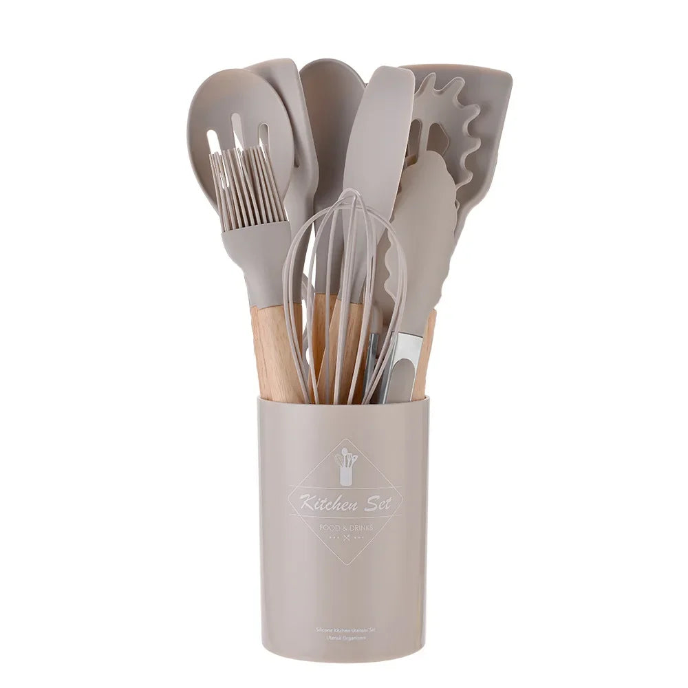 Modern Silicone Kitchen Utensil Set (12PCS) – Wooden Handle, Heat Resistant Cooking Tools